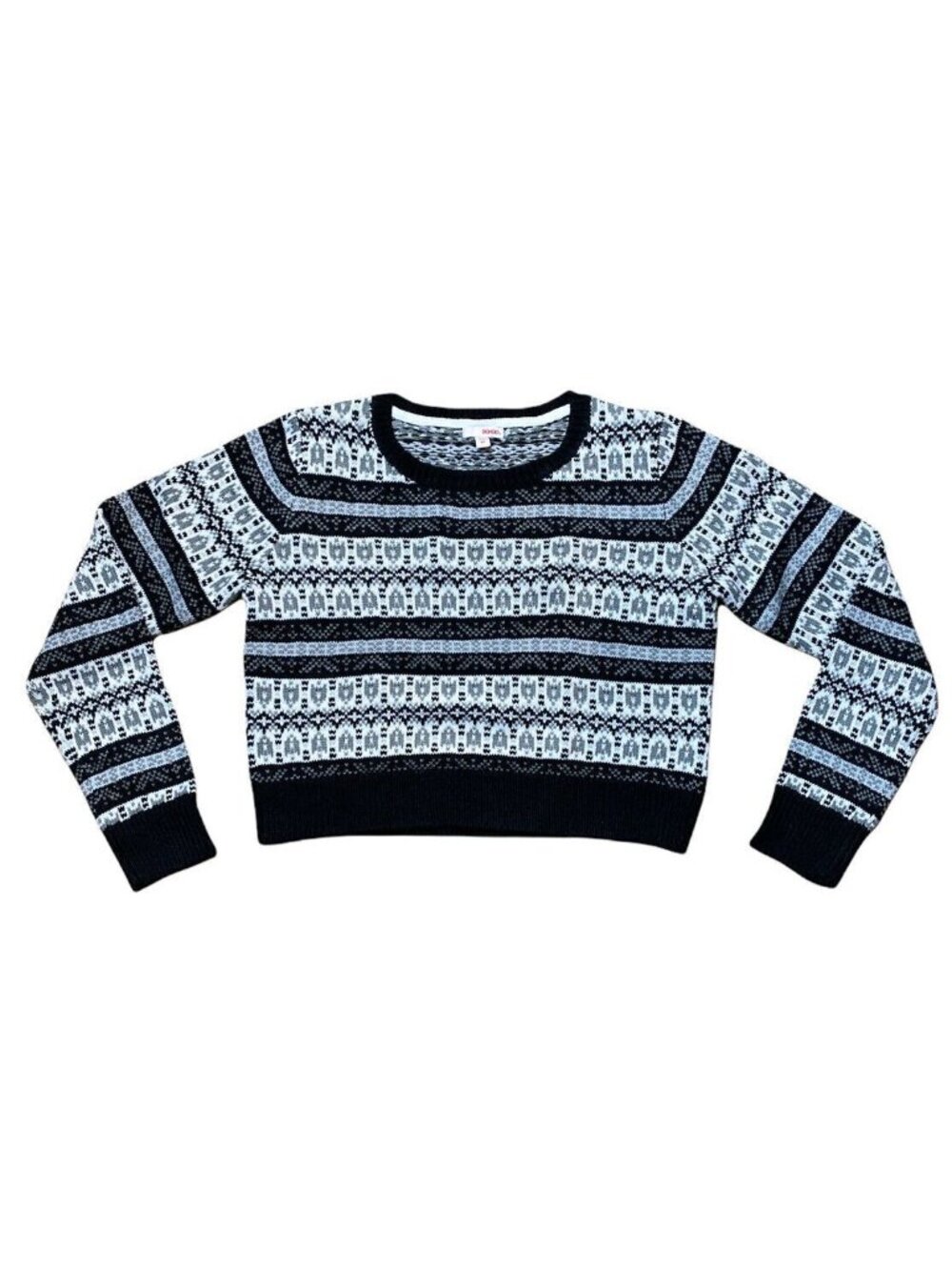 BONGO Womens Cropped Acrylic Crew Neck Sweater Black White Gray Geo Size Medium